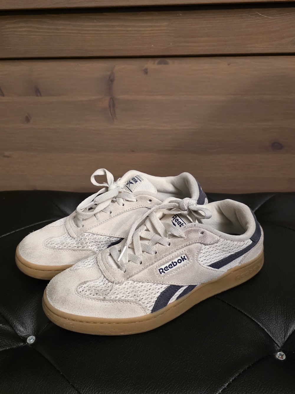 Reebok Off-White and Navy Suede Mesh Sneakers with Gum Sole